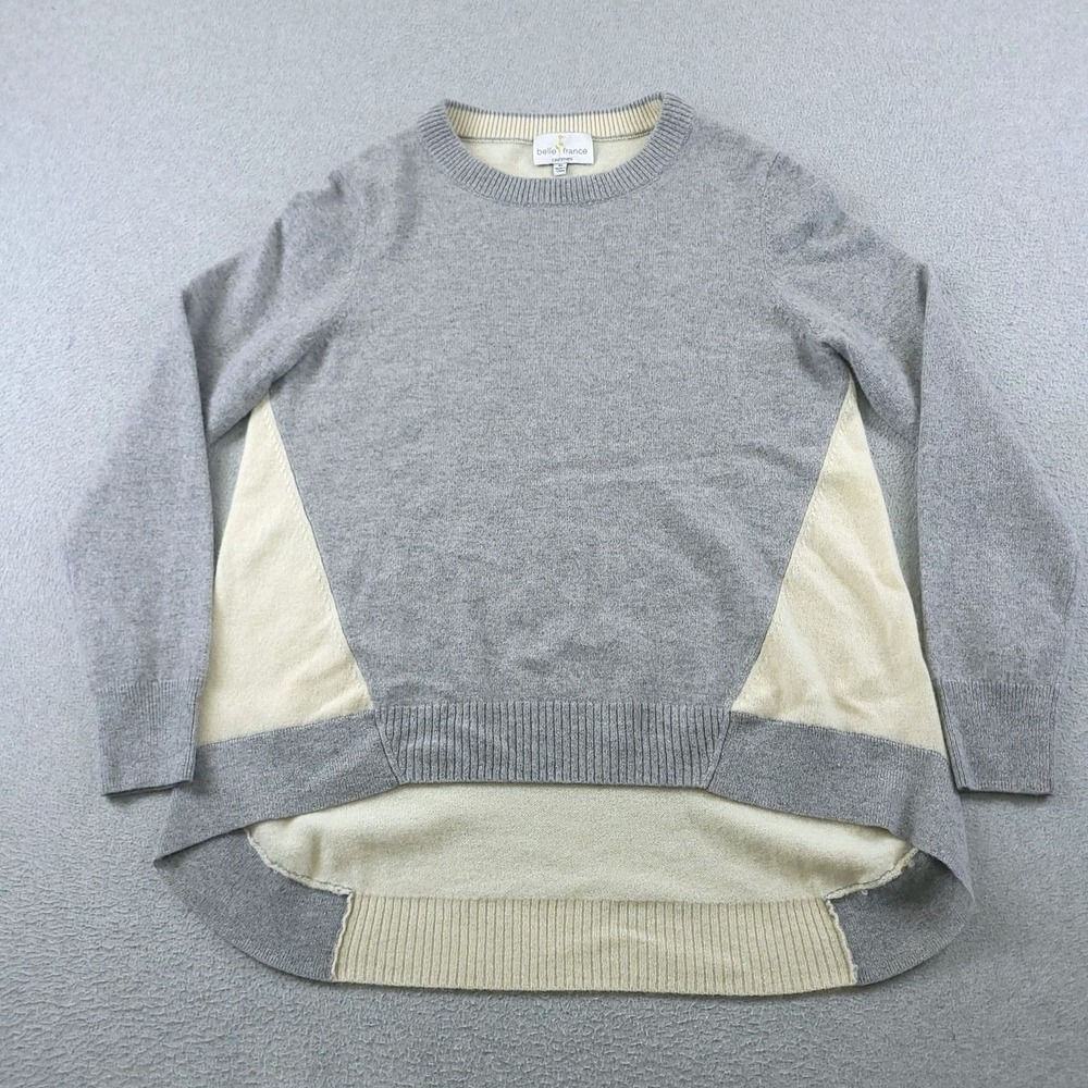 Belle France Cashmere Sweater Womens XL Grey Cream Colorblock High Low Hem Crew